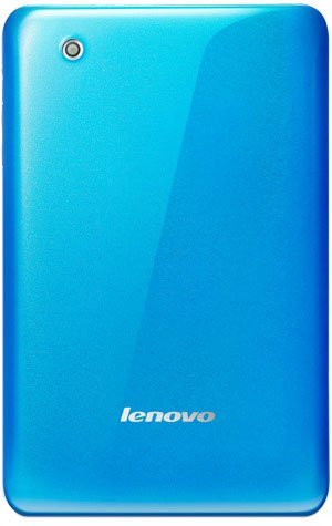 Rear view of blue Lenovo tablet, camera at top left, Lenovo logo at bottom center; model not specified.