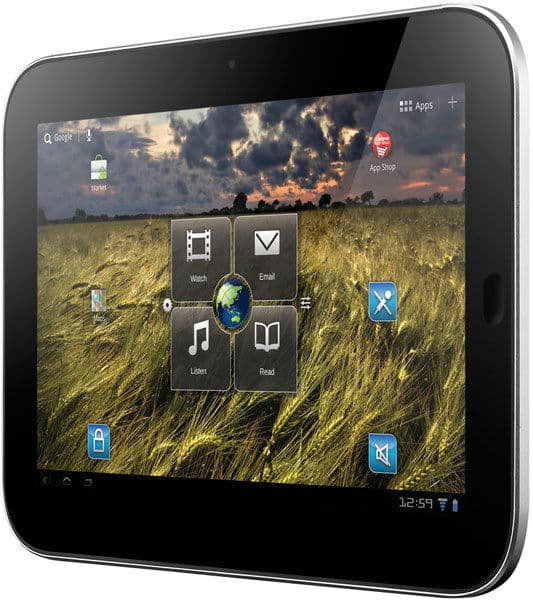 Front view of a black tablet with landscape wallpaper and multiple app icons, widgets, and shortcuts displayed on the home screen.