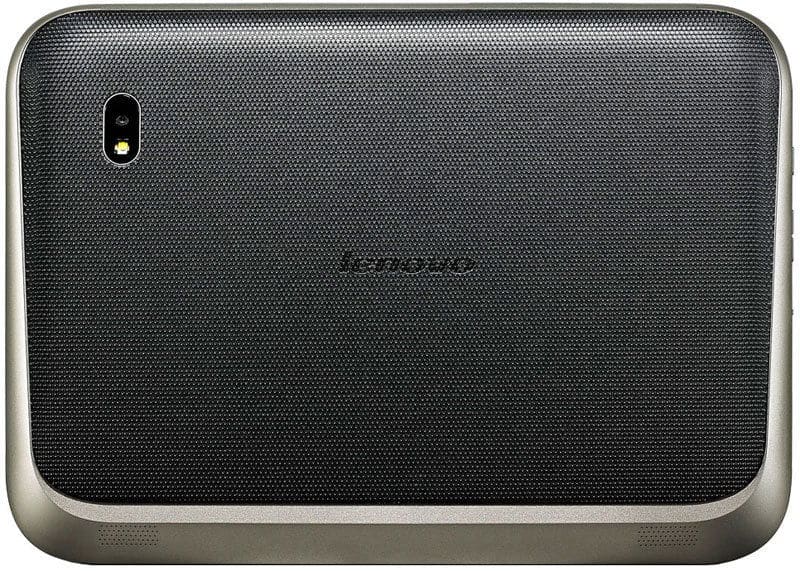 Rear view of Lenovo tablet showing textured black back, silver edges, rear camera with flash, and centered Lenovo logo.