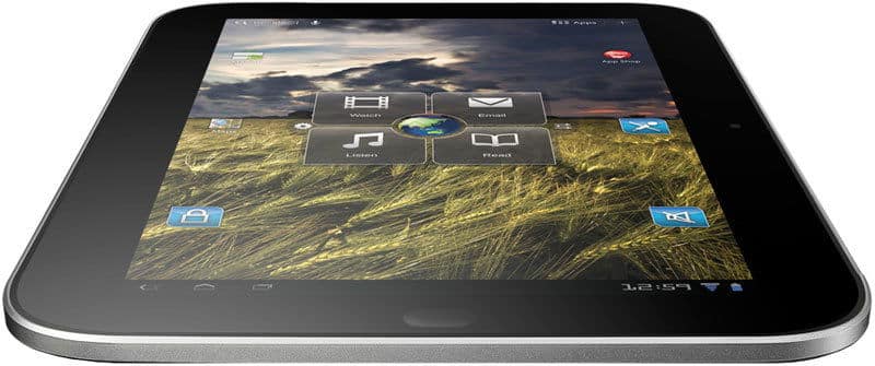Black tablet viewed from a low angle, front screen showing field and sky wallpaper with web, email, music, and reading app icons.