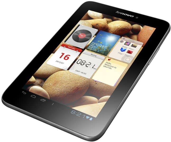 Front view of black Lenovo tablet showing home screen with calendar, weather, clock, notes widgets and brown stones wallpaper.