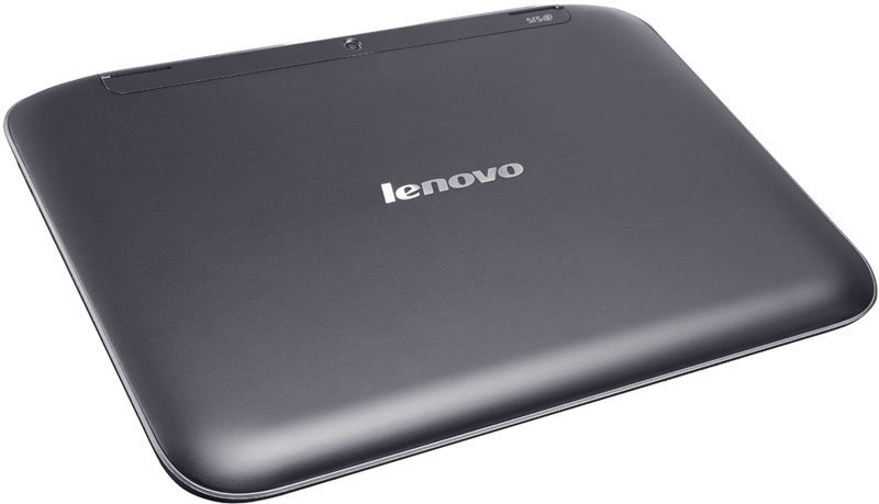 Lenovo tablet rear view on white background; black back, centered Lenovo logo, top-edge camera lens. Model unspecified.