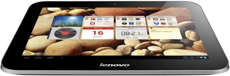 Front view of Lenovo tablet home screen with app widgets, river stones background, 8:21 time, and Monday, July 16 date.