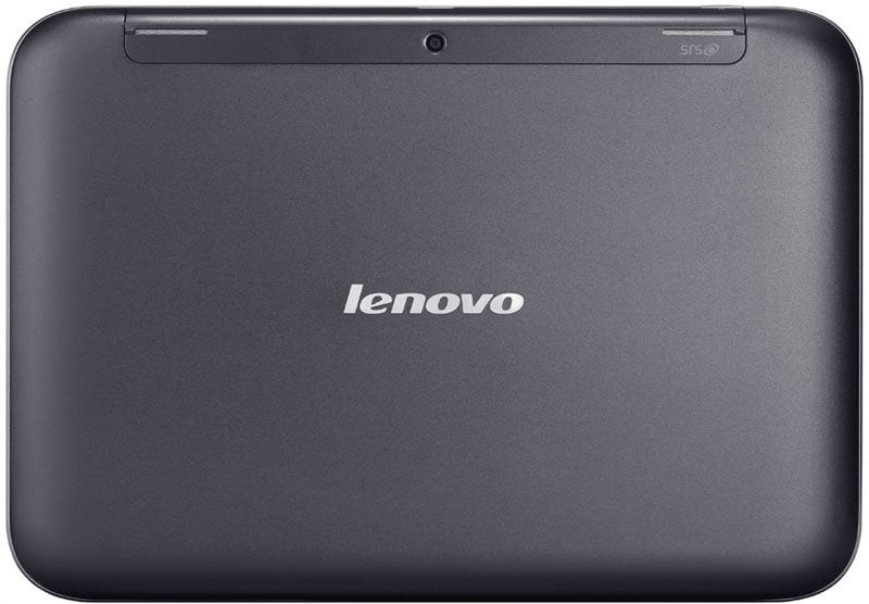 Rear view of Lenovo tablet, matte black finish, centered Lenovo logo, and top-center rear camera. Model name not visible.