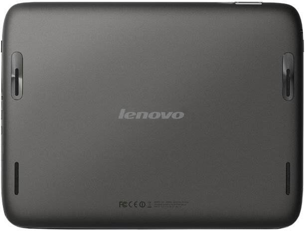 Rear view of Lenovo tablet, black finish, central Lenovo logo, four corner speaker grilles, certification marks at bottom.