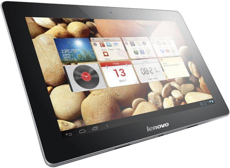 Front view of Lenovo tablet shows home screen with weather, calendar, clock, and music widgets on pebble background.