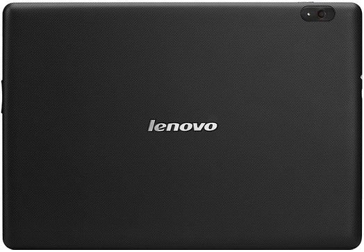 Rear view of a black Lenovo tablet with textured back, centered Lenovo logo, and rear camera in the top-right corner.
