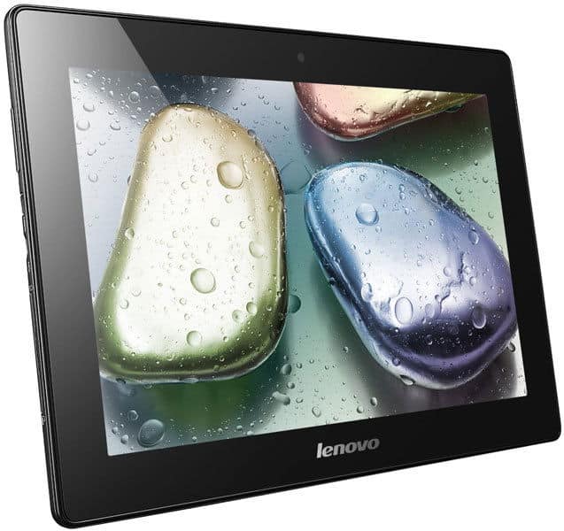 Lenovo tablet (exact model unspecified), angled front view, showing vibrant display with abstract shapes and water droplets.