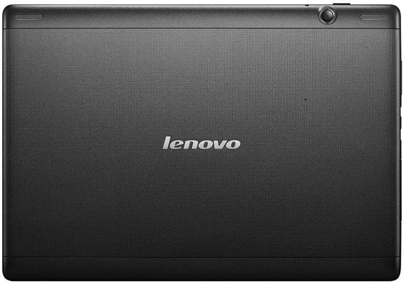 Rear view of a black Lenovo tablet shows textured back, centered Lenovo logo, and top-right corner rear camera. Model unspecified.