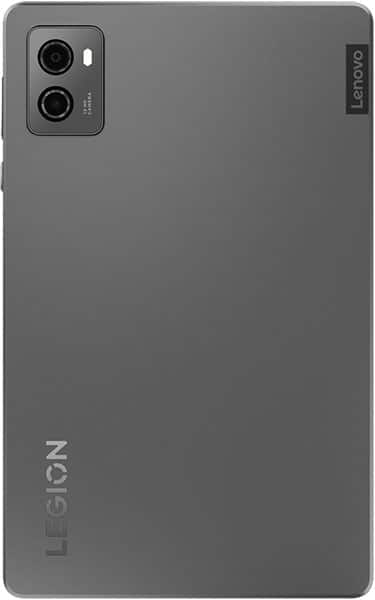 Rear view of Lenovo Legion tablet in matte gray with dual cameras top left, Lenovo logo right, and Legion logo bottom left.