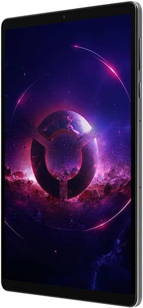 Tablet with sci-fi wallpaper, glowing emblem, and purple cosmic background; shown at a slight side angle to reveal thin profile and buttons.