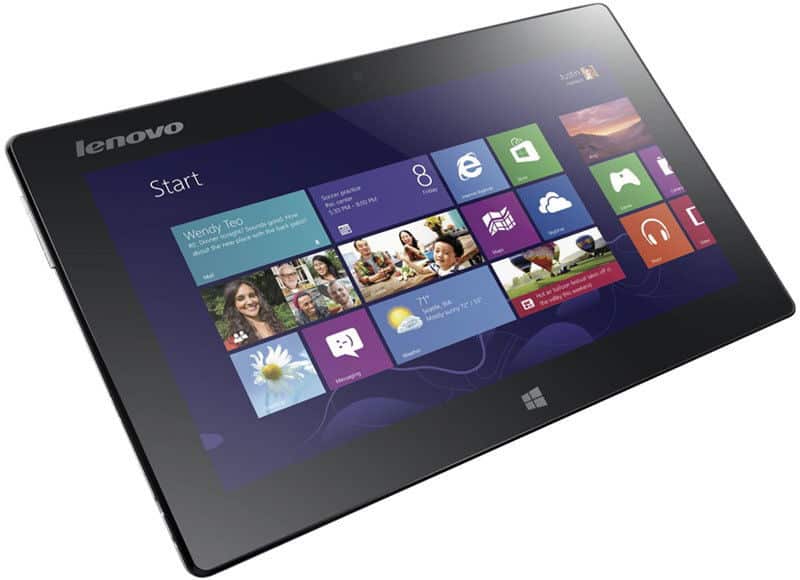 Lenovo tablet, likely Yoga series, front angled view showing Windows 8 Start screen with colorful tiles; white background.