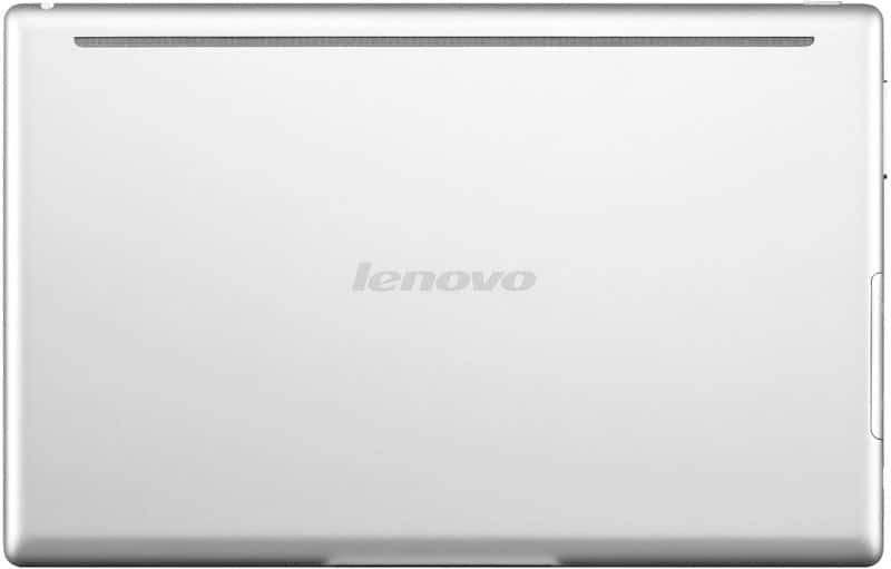 Lenovo laptop (silver, model unspecified) top view with centered Lenovo logo and slim horizontal vent along the upper edge.