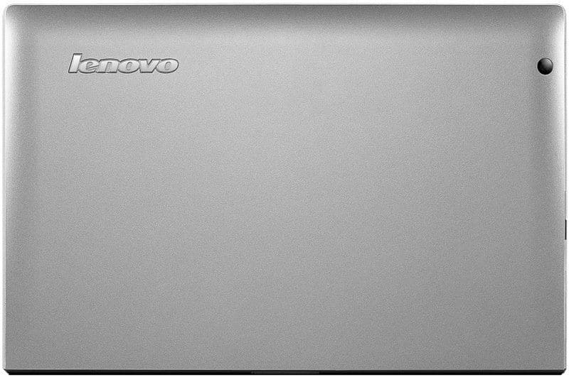 Top view of Lenovo laptop, silver metallic finish, Lenovo logo in upper left, small camera or sensor in upper right corner.