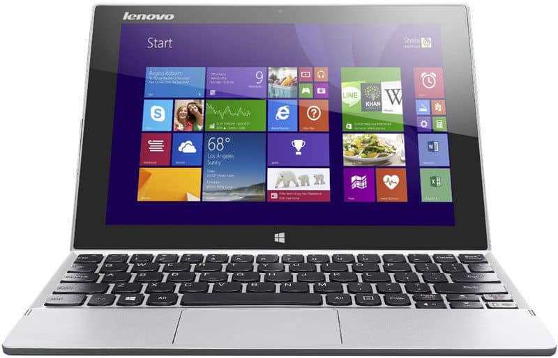 Lenovo IdeaPad with detachable keyboard, front view, silver finish, displaying Windows 8 start menu on a white background.