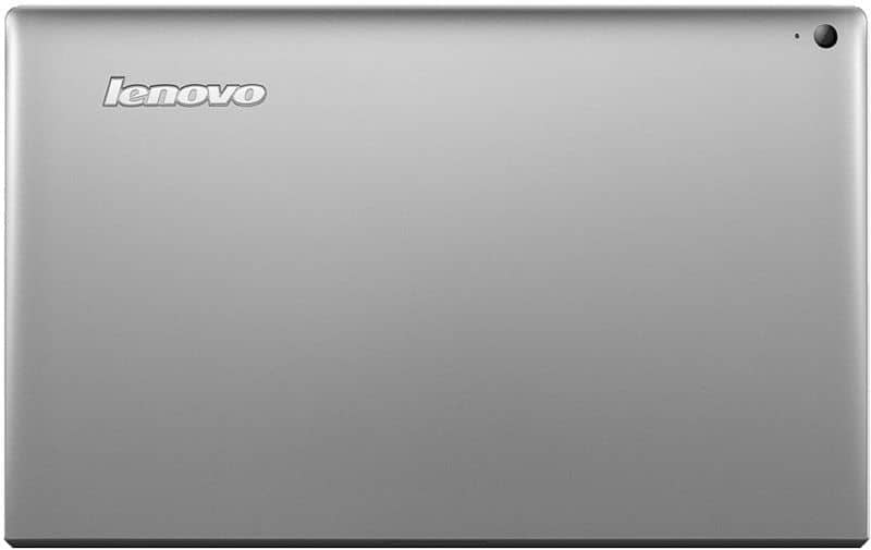 Rear view of silver Lenovo tablet, logo at top left, camera lens at top right. Model not specified.