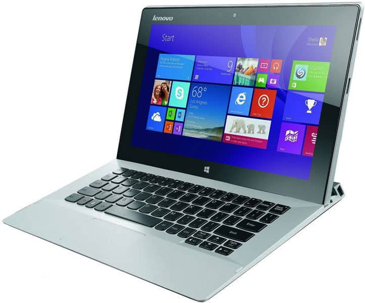 Lenovo laptop, black keyboard and silver body, showing Windows 8 start screen, front-left angle on white background.