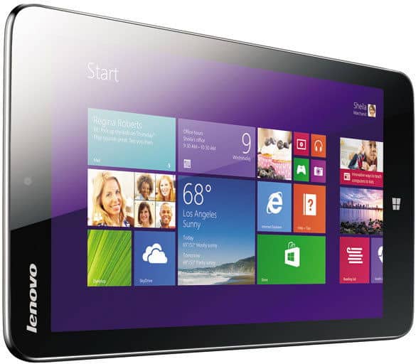 Front view of Lenovo tablet (possibly Miix series) showing Windows 8 Start screen with colorful app tiles; logo on side.