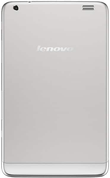 Rear view of silver Lenovo tablet, camera top left, speaker grille top right, and centered Lenovo logo; model unspecified.