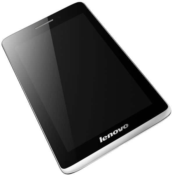 Lenovo tablet in black with silver edge, shown angled from the front on white background, screen off.