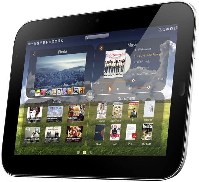 Front view of a black tablet displaying photo gallery, music player, videos, and docs on a green background with navigation.