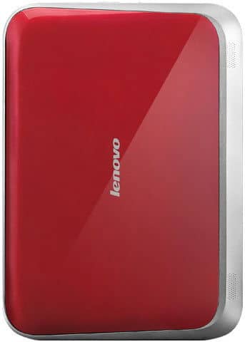 Top view of a red Lenovo external hard drive with rounded corners, silver trim, and centered Lenovo logo on the surface.