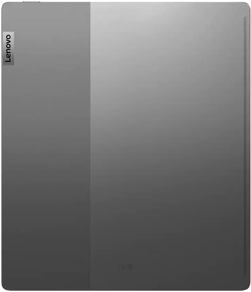 Lenovo tablet rear view with vertical Lenovo logo, subtle grey two-tone back, and vertical dividing line on cover.