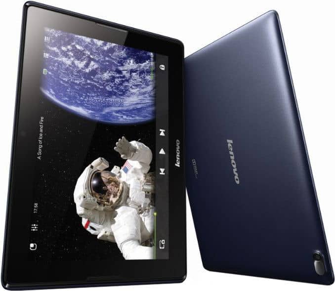 Lenovo tablets side-by-side: front view streaming astronaut video, rear view highlighting Lenovo logo. Model unspecified.