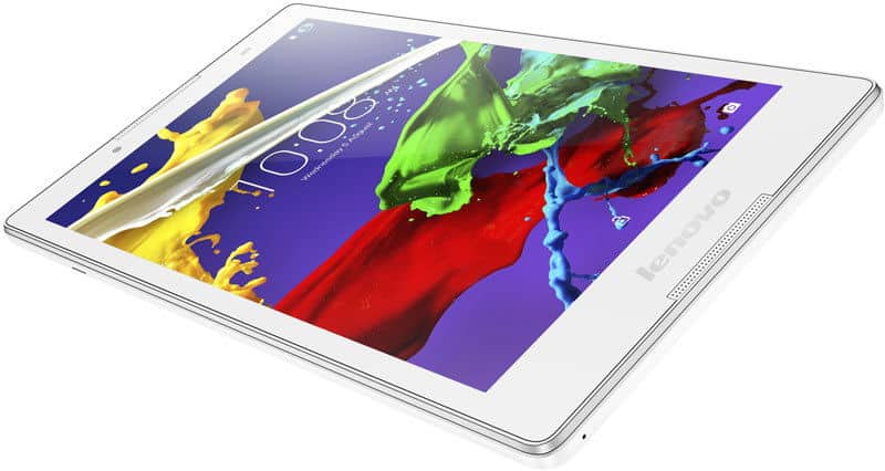 Lenovo tablet, front angled view, white bezel, displaying vibrant abstract wallpaper; Lenovo logo on lower front bezel.