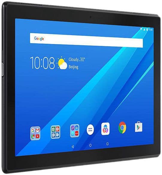 Front view of black tablet showing home screen; blue background, weather at 30°C and cloudy in Beijing, time 10:08.