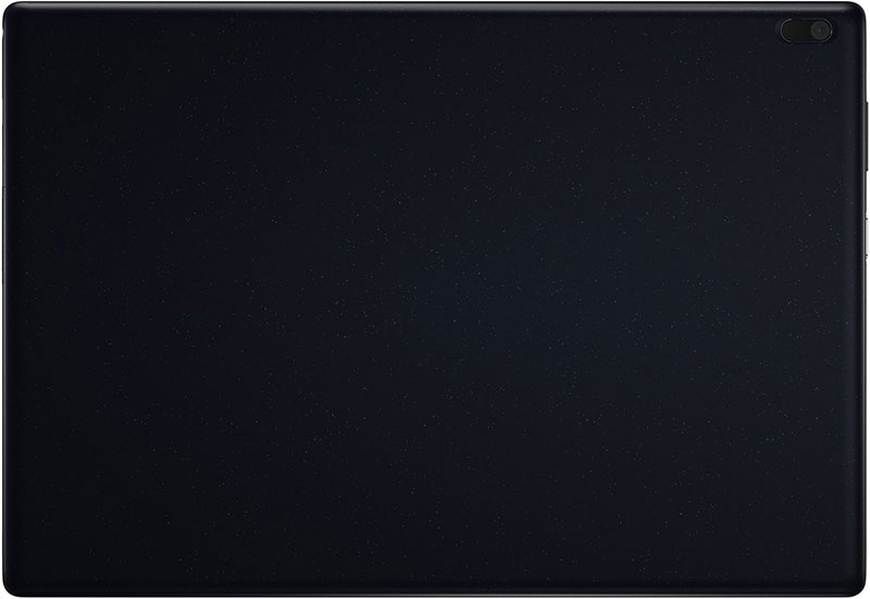 Rear view of a black tablet lying flat, featuring a single top-right camera and smooth, subtly speckled surface.