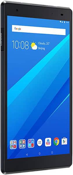 Lenovo tablet, front angled view, display on showing 10:08 time, Beijing weather (cloudy, 30°C), and app icons at the bottom.