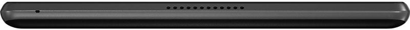 Top edge close-up of black tablet, showing microphone on left and speaker vents in center; brand/model not identifiable.