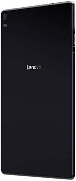 Lenovo tablet rear view with centered Lenovo logo, top left rear camera, sleek edges, and no visible buttons on the back.
