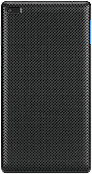 Rear view of matte black tablet with textured back, top-left rear camera, and blue side button; brand/model not specified.