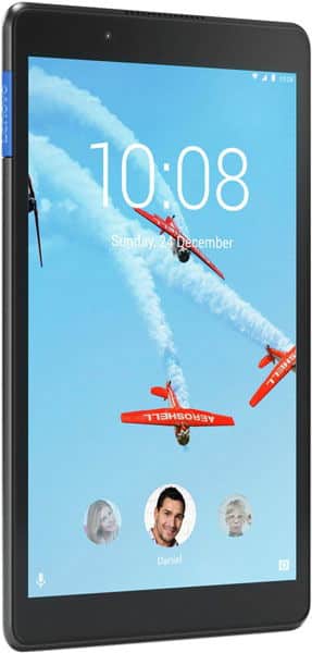 Front view of a tablet lock screen showing 10:08, Dec 24, with three red planes in the background and profile icons at bottom.