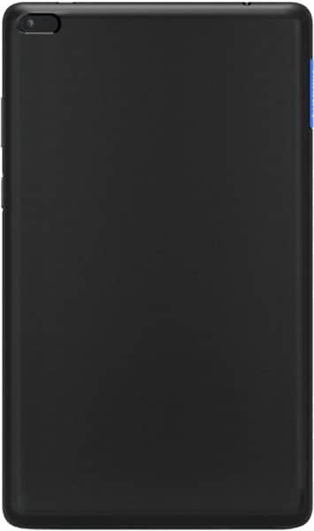 Rear view of a black tablet with top left camera and blue power button on the right edge.
