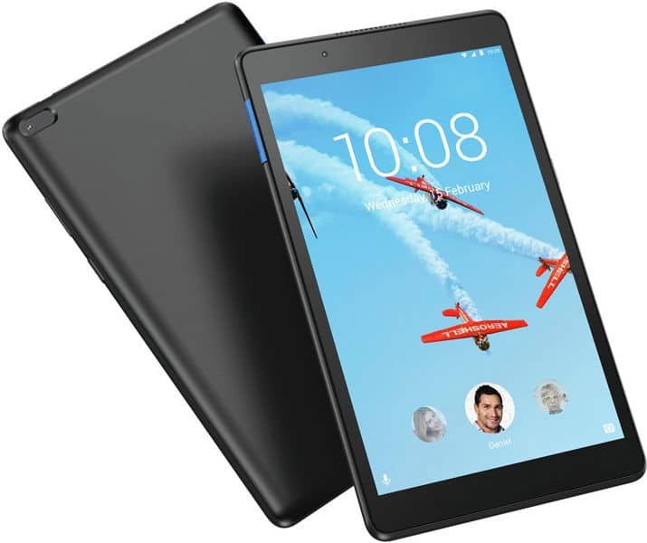 Black tablet front and rear views; front shows time, date, airplane images, and three circular profile photos at the bottom.