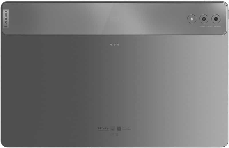Rear view of gray Lenovo Tab showing dual-lens camera, Lenovo logo, and Dolby branding near the bottom.