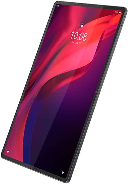 Black tablet, possibly Samsung Galaxy Tab, right side angle; large display with red-purple wallpaper and 10:08 time on white background.