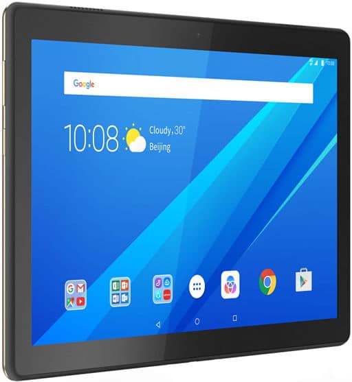 Black tablet (brand/model unspecified), front left view, shows weather app (30°C, cloudy Beijing), 10:08, app icons below.