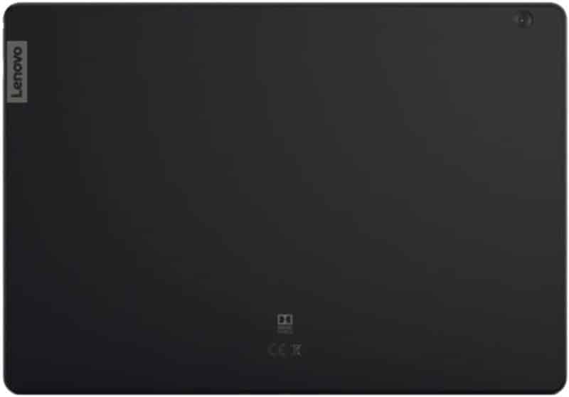 Lenovo tablet rear view: black finish, Lenovo logo left, camera top right, Dolby branding centered near bottom. Model unspecified.