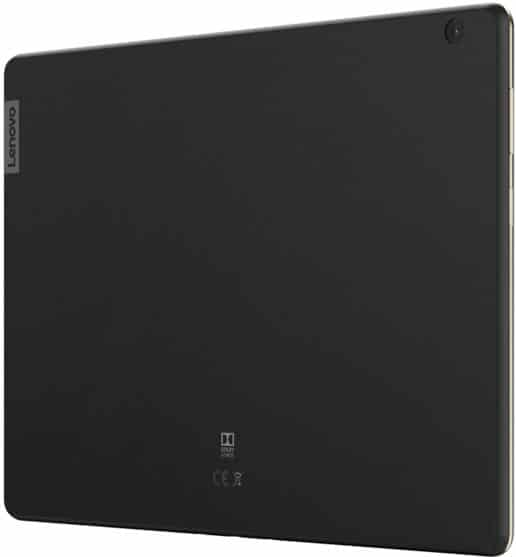 HP tablet, matte black finish, angled rear view showing HP logo (top right) and regulatory info (bottom left) on white background.