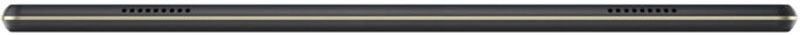 Tablet device shown from top edge, displaying speaker grilles and ports along the thin bezel