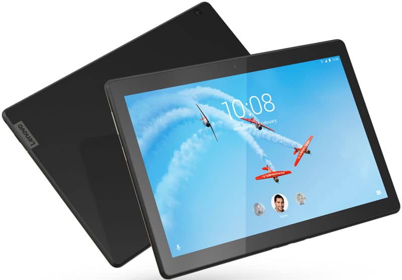 Lenovo tablet, front and back view; display shows three red planes, 10:08 time, and two circular user icons below the clock.