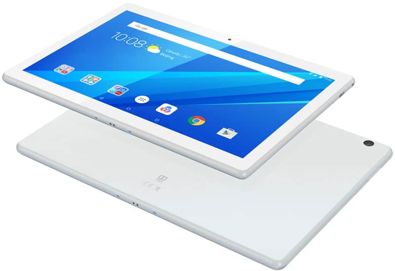 White Samsung Galaxy Tab front view shows home screen; rear view highlights camera and branding.