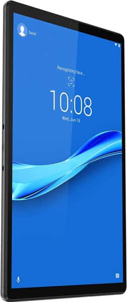 Front view of Samsung Galaxy Tab showing 10:08, June 19, "Recognizing face..." message, and user icon on blue lock screen.