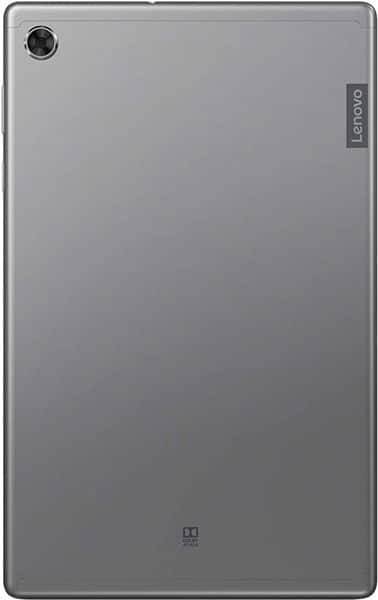 Lenovo tablet rear view; camera at top left, Lenovo logo upper right; smooth gray finish, minimal markings.