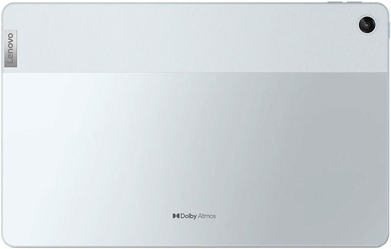 Rear view of silver Lenovo tablet, single rear camera top right, Lenovo logo left edge, Dolby Atmos logo bottom center.