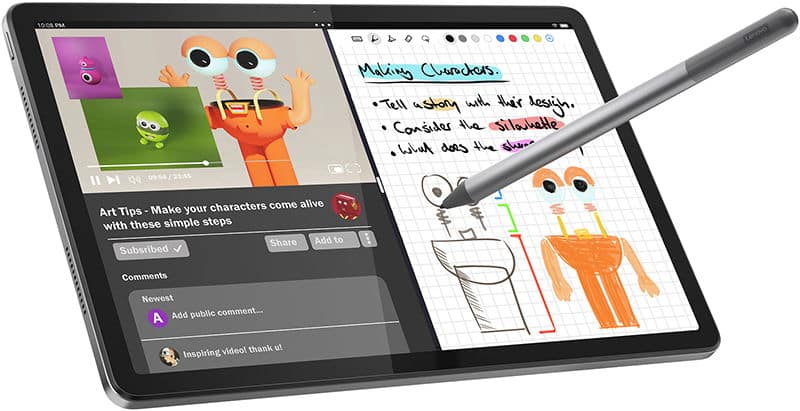 Front view of Samsung Galaxy Tab showing split screen: tutorial video left, handwritten notes and sketches right, stylus in use.